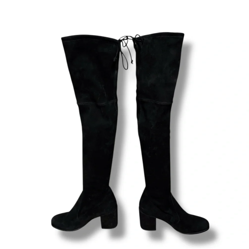 Stuart Weitzman Tieland Suede Black Over-the-Knee Sock Boots Block Heel Size 7